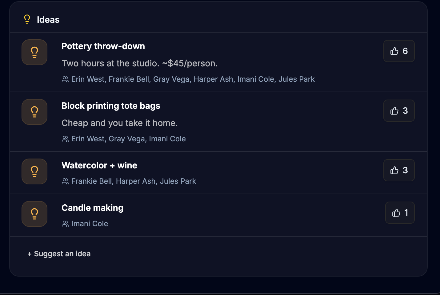 A guest idea board with upvoted activity suggestions
