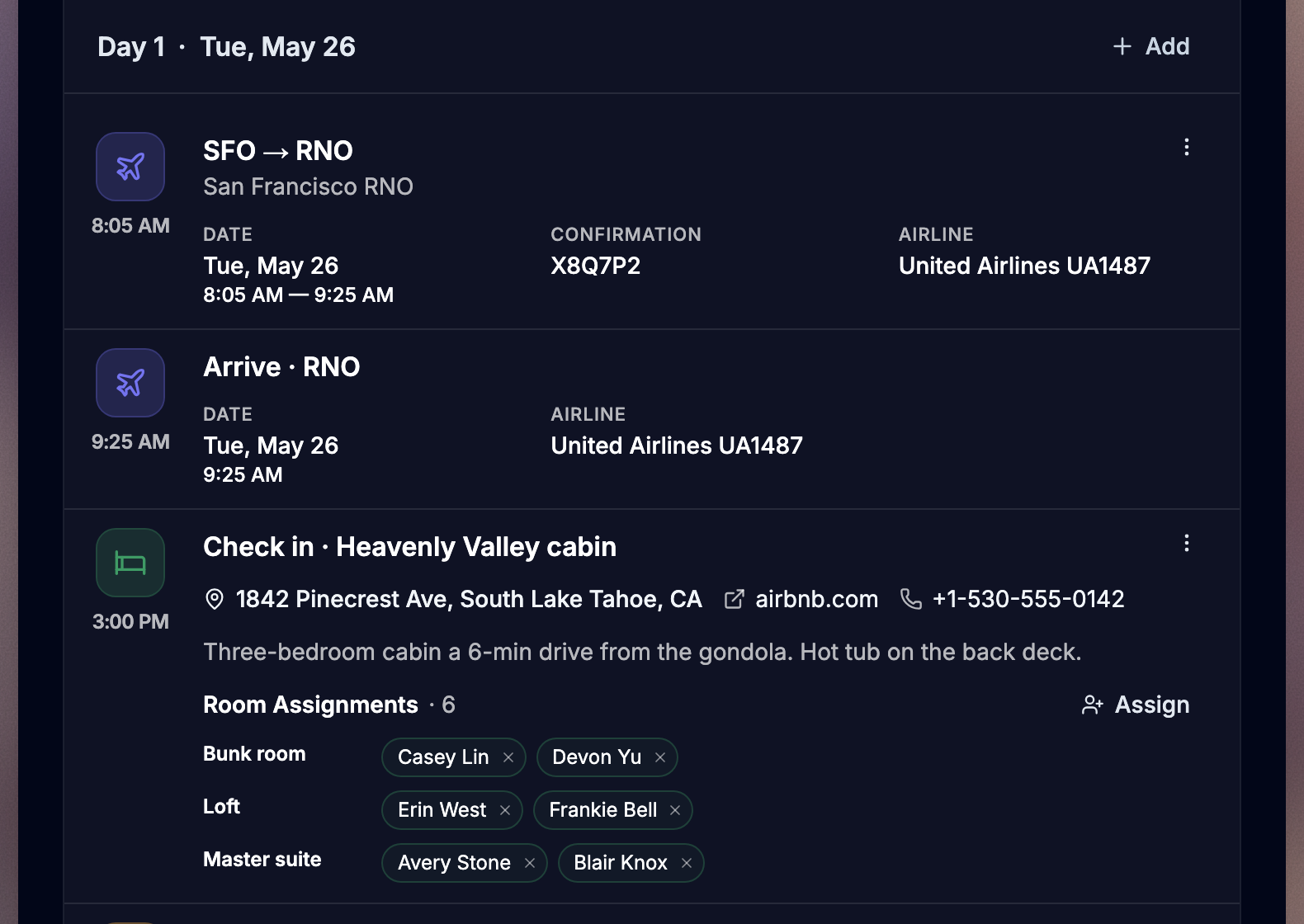 A trip itinerary day with flights, arrival, and a lodging check-in row