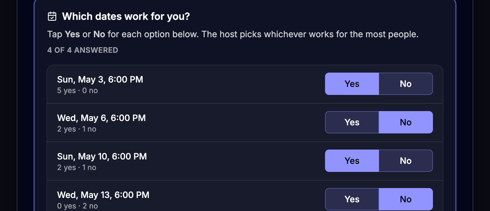 A date poll with four options and live yes/no tallies