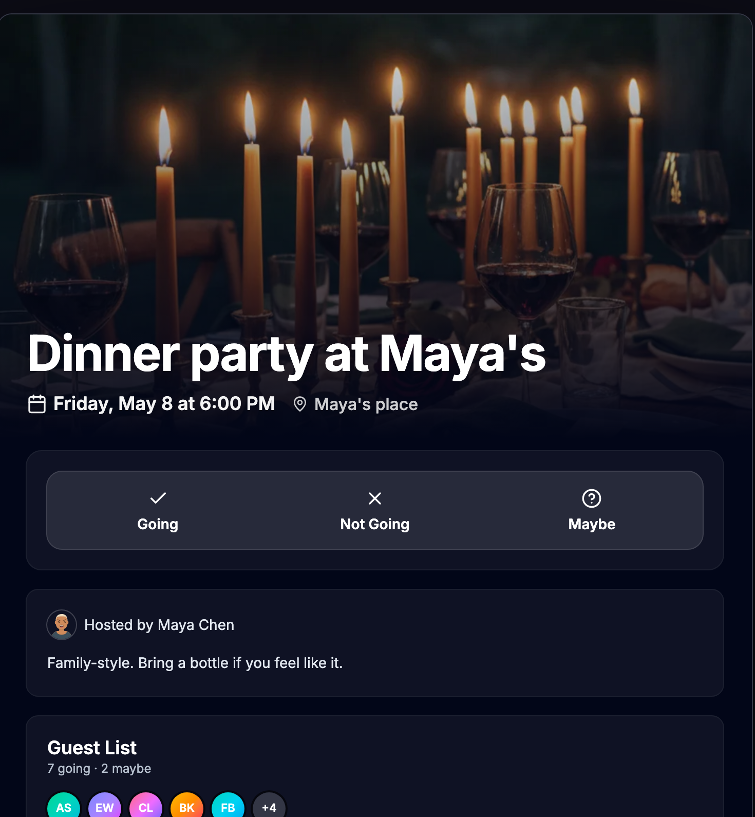 A locked guest event view with Going / Not Going / Maybe RSVP buttons